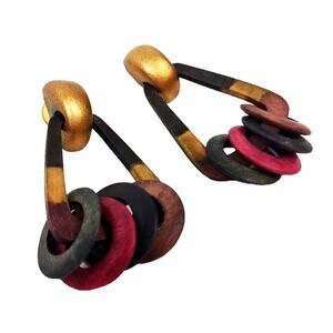 Vintage BoHo Triangle Hoop Dangle Earrings Colorful Wooden Rings Over-sized